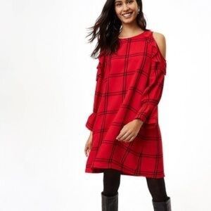 LOFT Red Black Plaid Cold Shoulder Ruffle Dress
